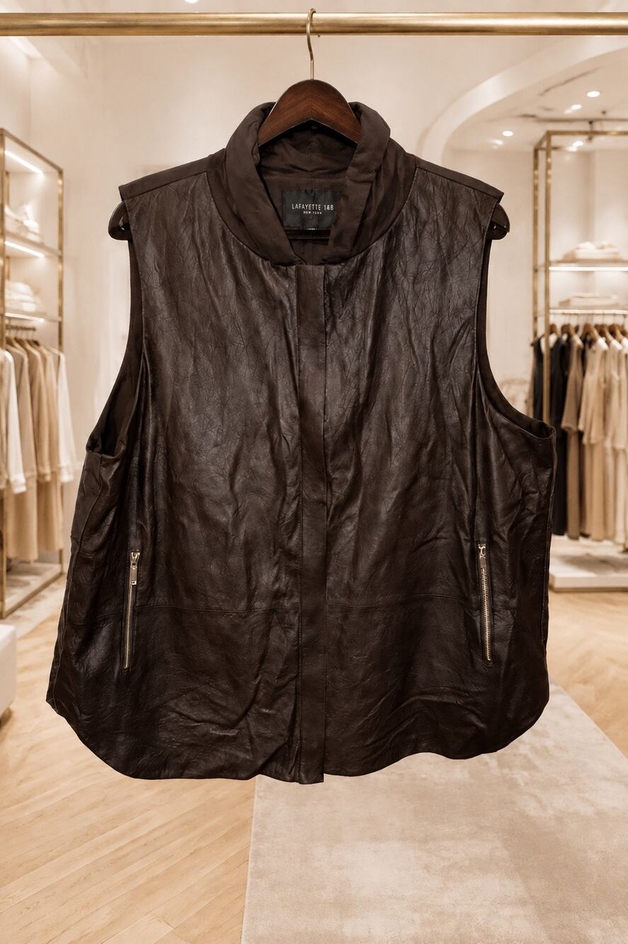 Lafayette 148 New York XXL Brown Textured Leather-Front Cowl Neck Vest Quiet Lux